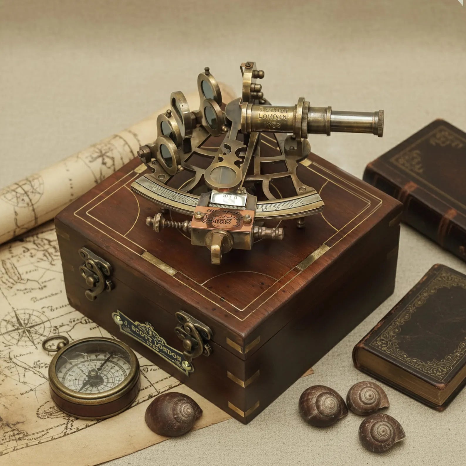 Vintage Brass Sextant with Wooden Box | Nautical Maritime Instrument | Antique Style Sextant Replica | J. Scott London 1753 Gift