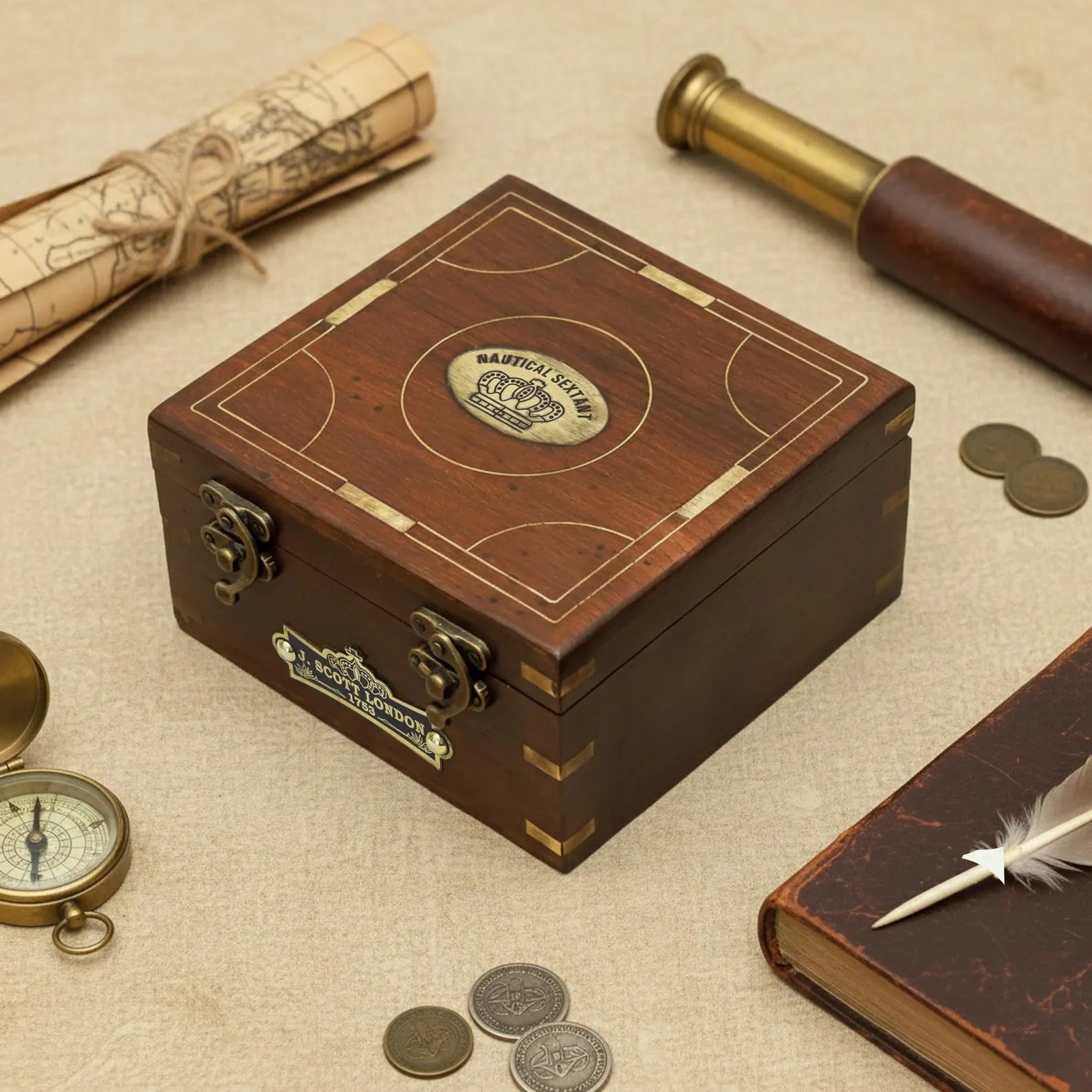 Vintage Brass Sextant with Wooden Box | Nautical Maritime Instrument | Antique Style Sextant Replica | J. Scott London 1753 Gift