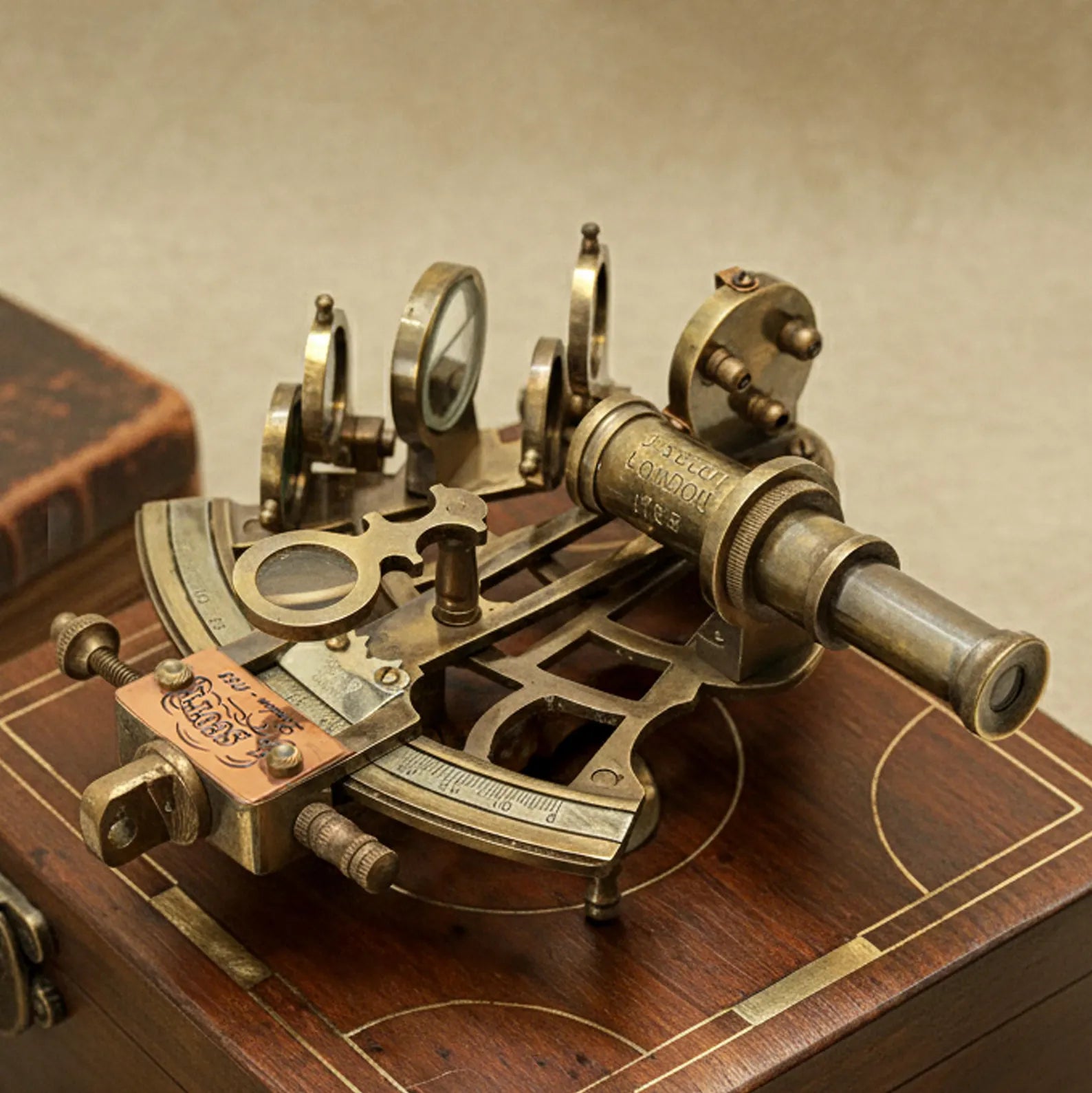 Vintage Brass Sextant with Wooden Box | Nautical Maritime Instrument | Antique Style Sextant Replica | J. Scott London 1753 Gift
