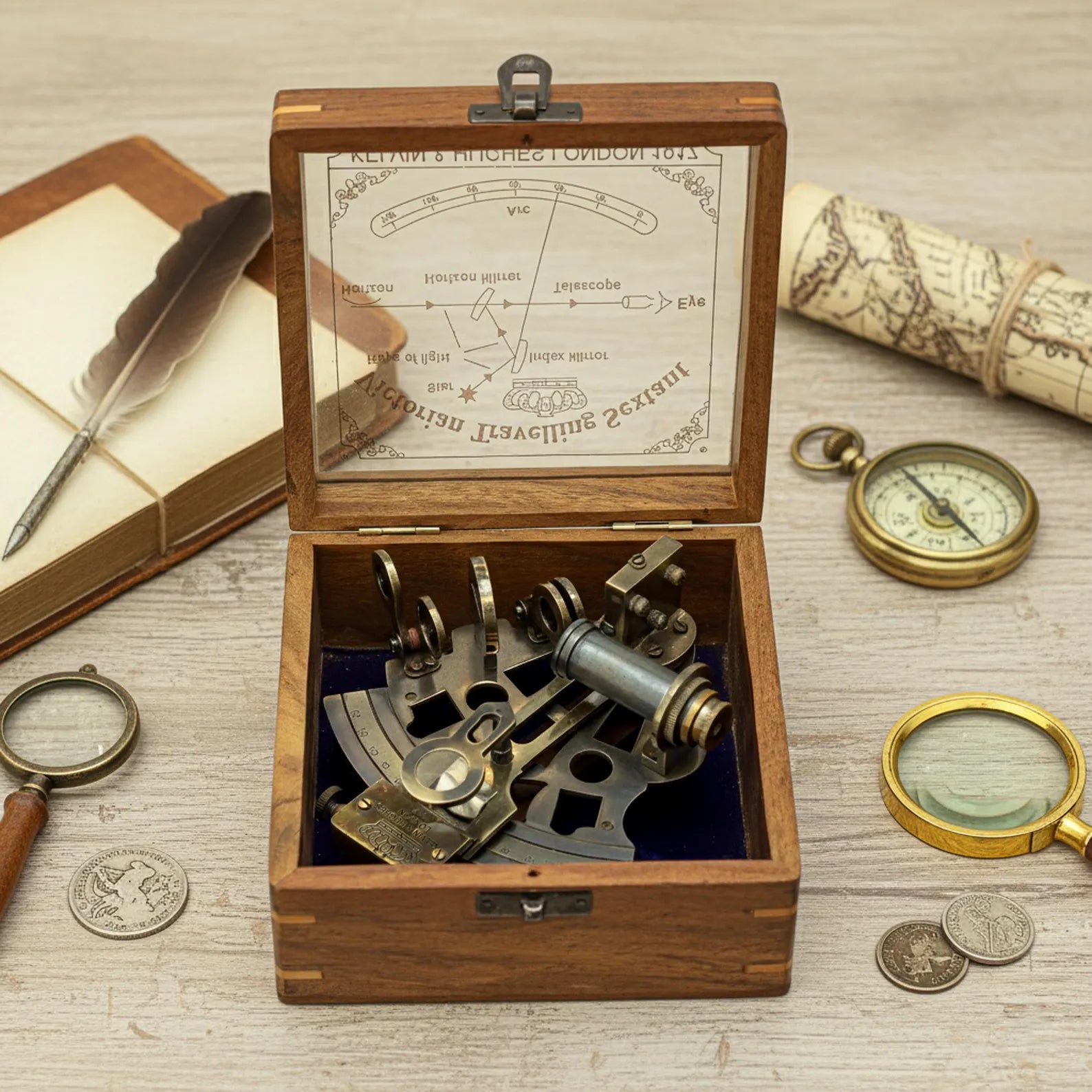 Vintage Brass Sextant with Wooden Box | Nautical Maritime Instrument | Antique Style Sextant Replica | J. Scott London 1753 Gift