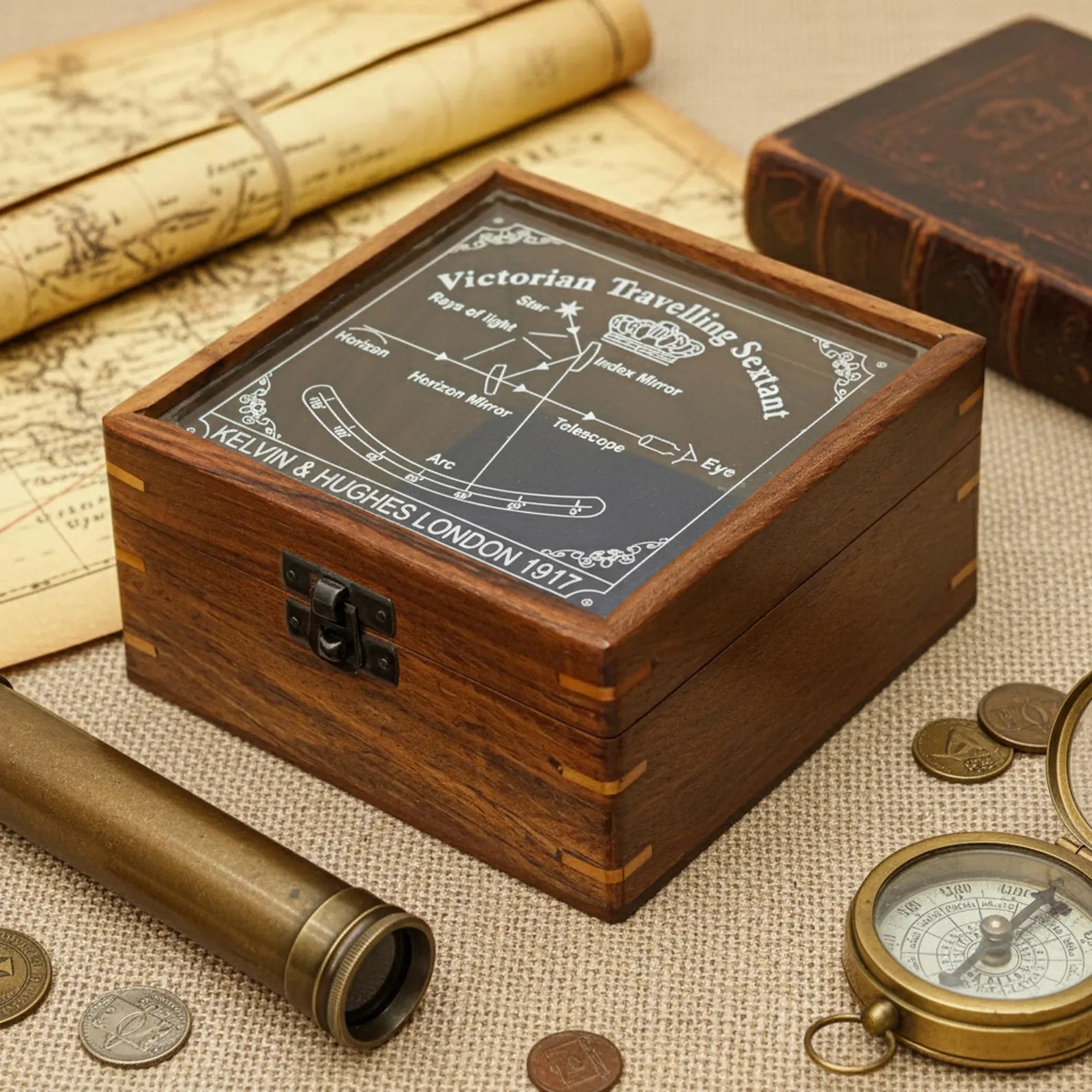Vintage Brass Sextant with Wooden Box | Kelvin & Hughes London 1917 | Antique Nautical Sextant Replica | Maritime Collector Gift
