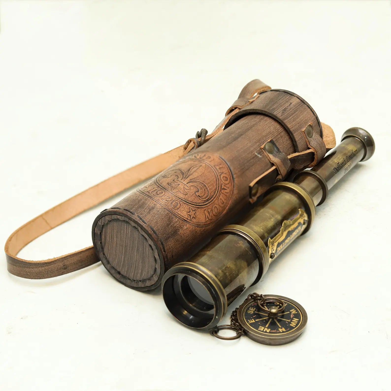 Personalized Vintage Brass Spyglass Telescope: Dollond London 1920 Style, Leather Case - Engraved Decorative Scope